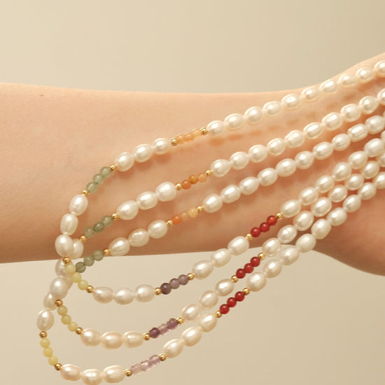 Freshwater Pearl Necklace, Genuine Pearl Necklace, Handmade Beaded Necklace, Rainbow Beads Pearl Necklace, Natural Stone Pear