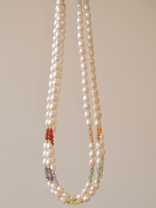 Freshwater Pearl Necklace, Genuine Pearl Necklace, Handmade Beaded Necklace, Rainbow Beads Pearl Necklace, Natural Stone Pear