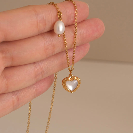 Gold Heart Necklace, Waterproof tarnish Resistant necklace, Mother of Pearl Necklace, Love Necklace, 18k Gold Pendant Necklac