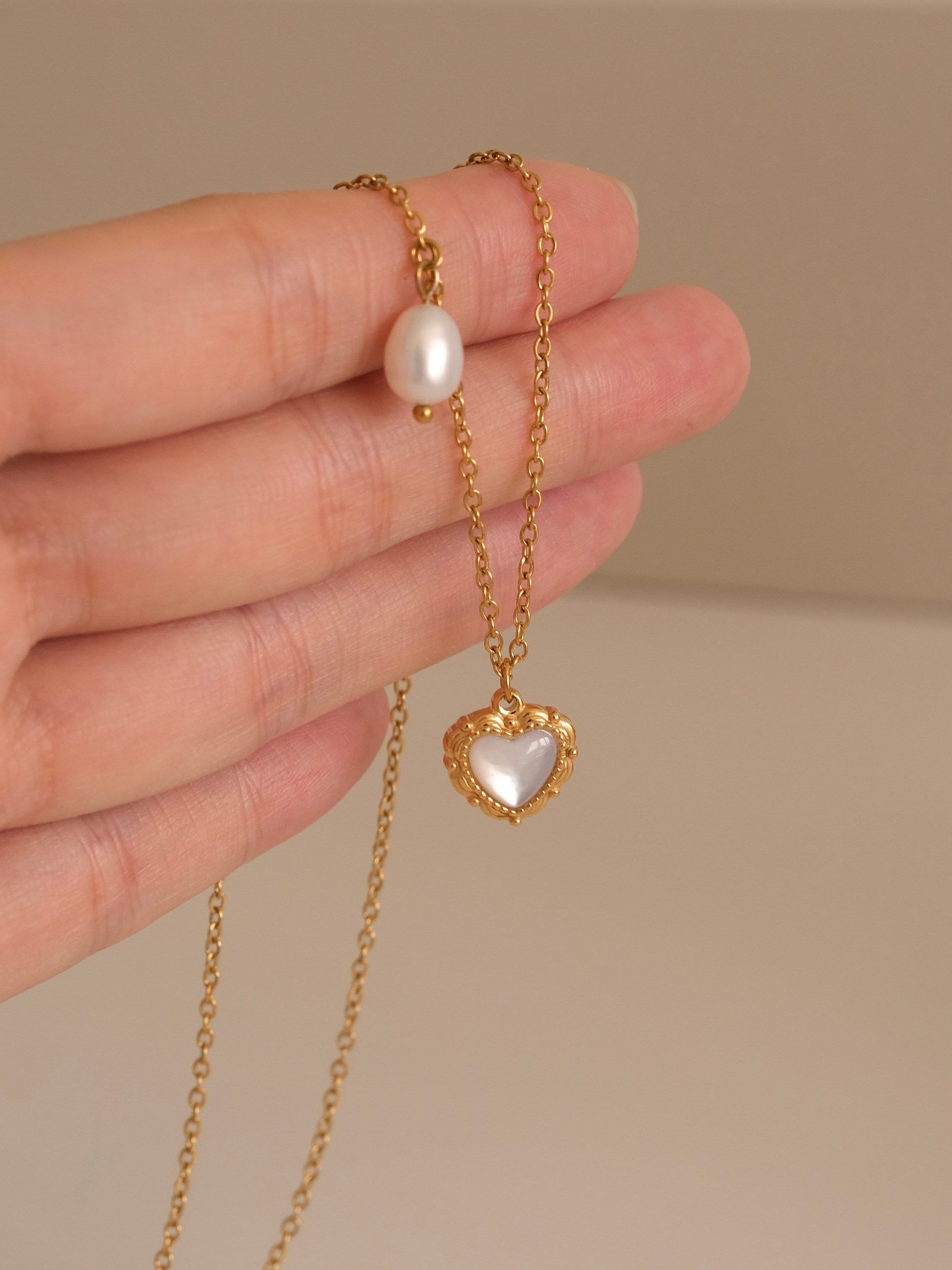 Gold Heart Necklace, Waterproof tarnish Resistant necklace, Mother of Pearl Necklace, Love Necklace, 18k Gold Pendant Necklac