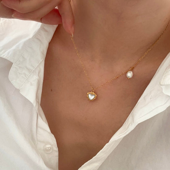 Gold Heart Necklace, Waterproof tarnish Resistant necklace, Mother of Pearl Necklace, Love Necklace, 18k Gold Pendant Necklac