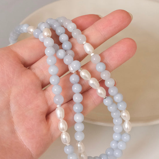 Genuine Aquamarine freshwater pearl necklace, Gemstone beaded necklace, Blue stone choker, March birthstone jewelry, gift for