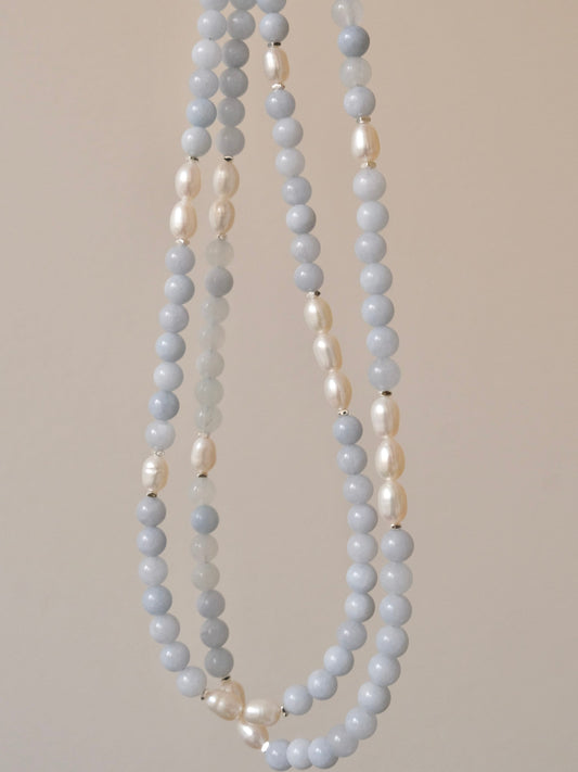 Genuine Aquamarine freshwater pearl necklace, Gemstone beaded necklace, Blue stone choker, March birthstone jewelry, gift for