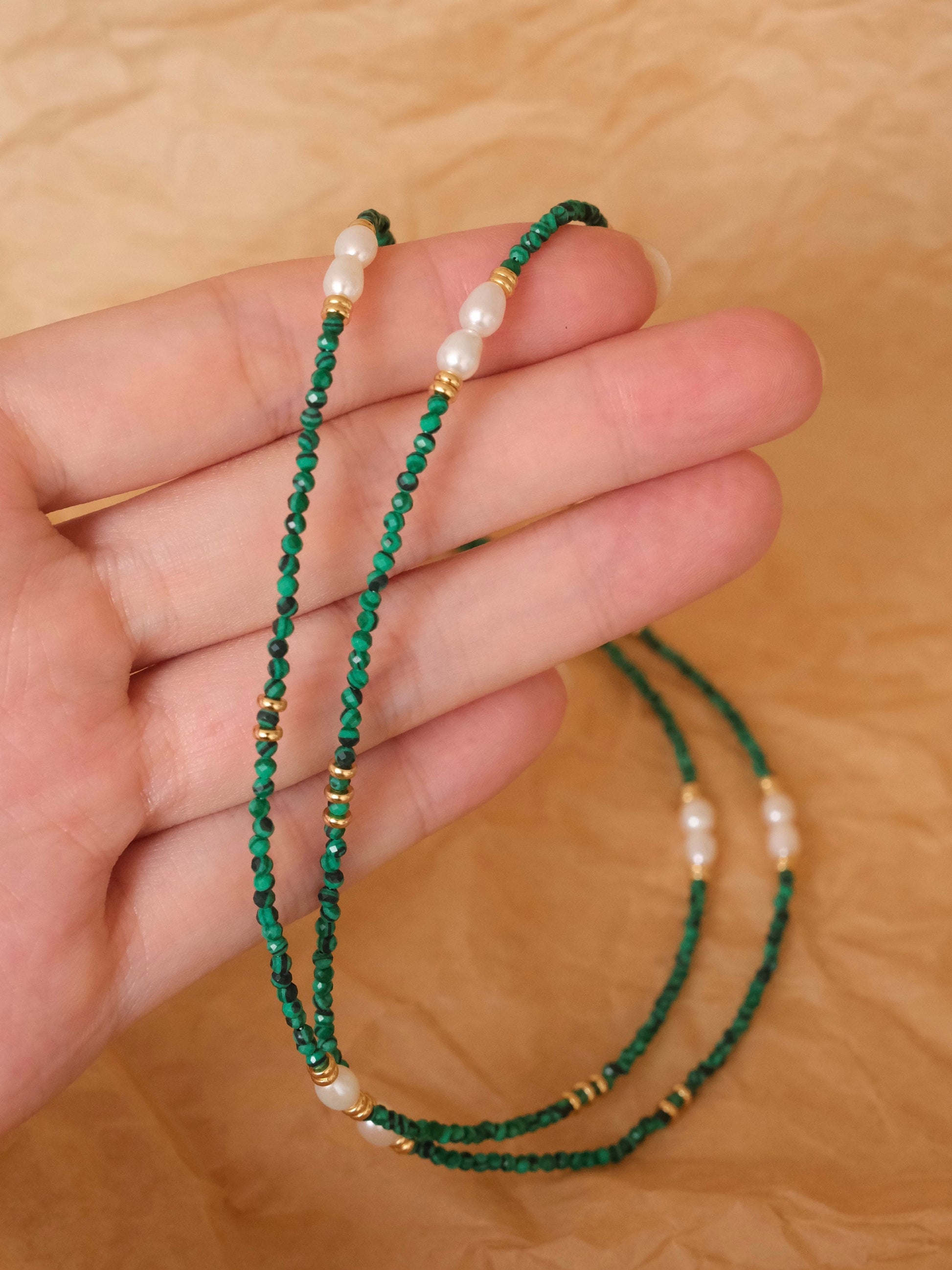 Genuine Malachite Necklace, Greenstone beaded necklace, Minimalist beaded necklace with real pearl, Green choker malachite st