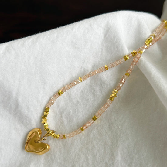 Gold heart detachable pendant necklace, Genuine gemstone beaded necklace, Cube beads choker, 18k gold beaded necklace, Crysta