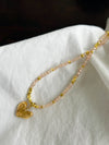 Gold heart detachable pendant necklace, Genuine gemstone beaded necklace, Cube beads choker, 18k gold beaded necklace, Crysta