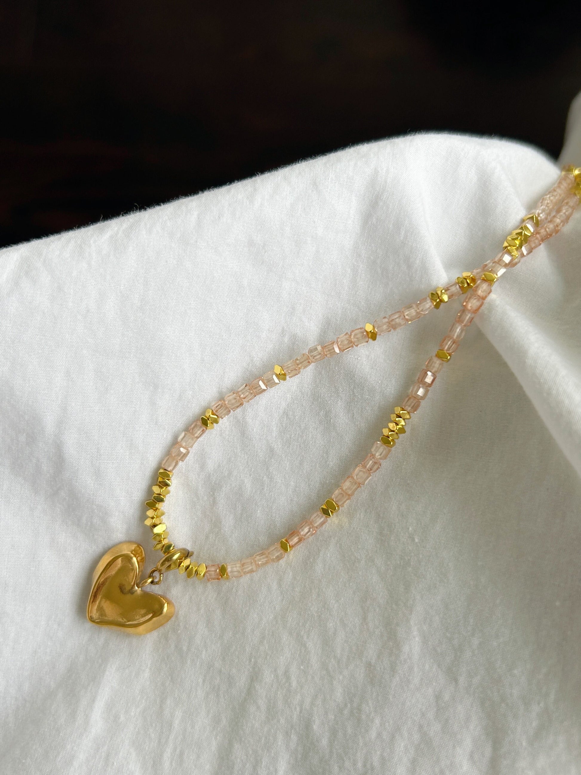 Gold heart detachable pendant necklace, Genuine gemstone beaded necklace, Cube beads choker, 18k gold beaded necklace, Crysta