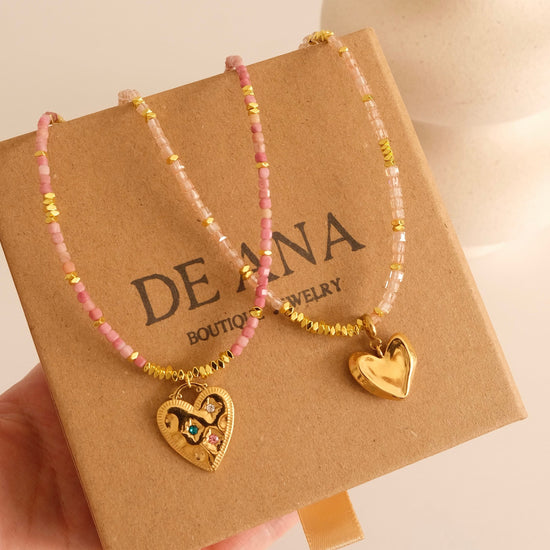 Gold heart detachable pendant necklace, Genuine gemstone beaded necklace, Cube beads choker, 18k gold beaded necklace, Crysta