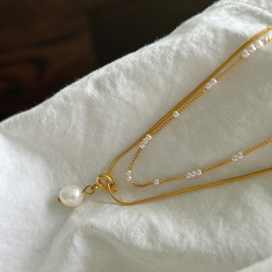 Gold Layered Pearl Necklace, Snake Chain Double Layer Necklace, Dainty Freshwater Pearl Necklace, Multiple Pearl Necklace, Gi