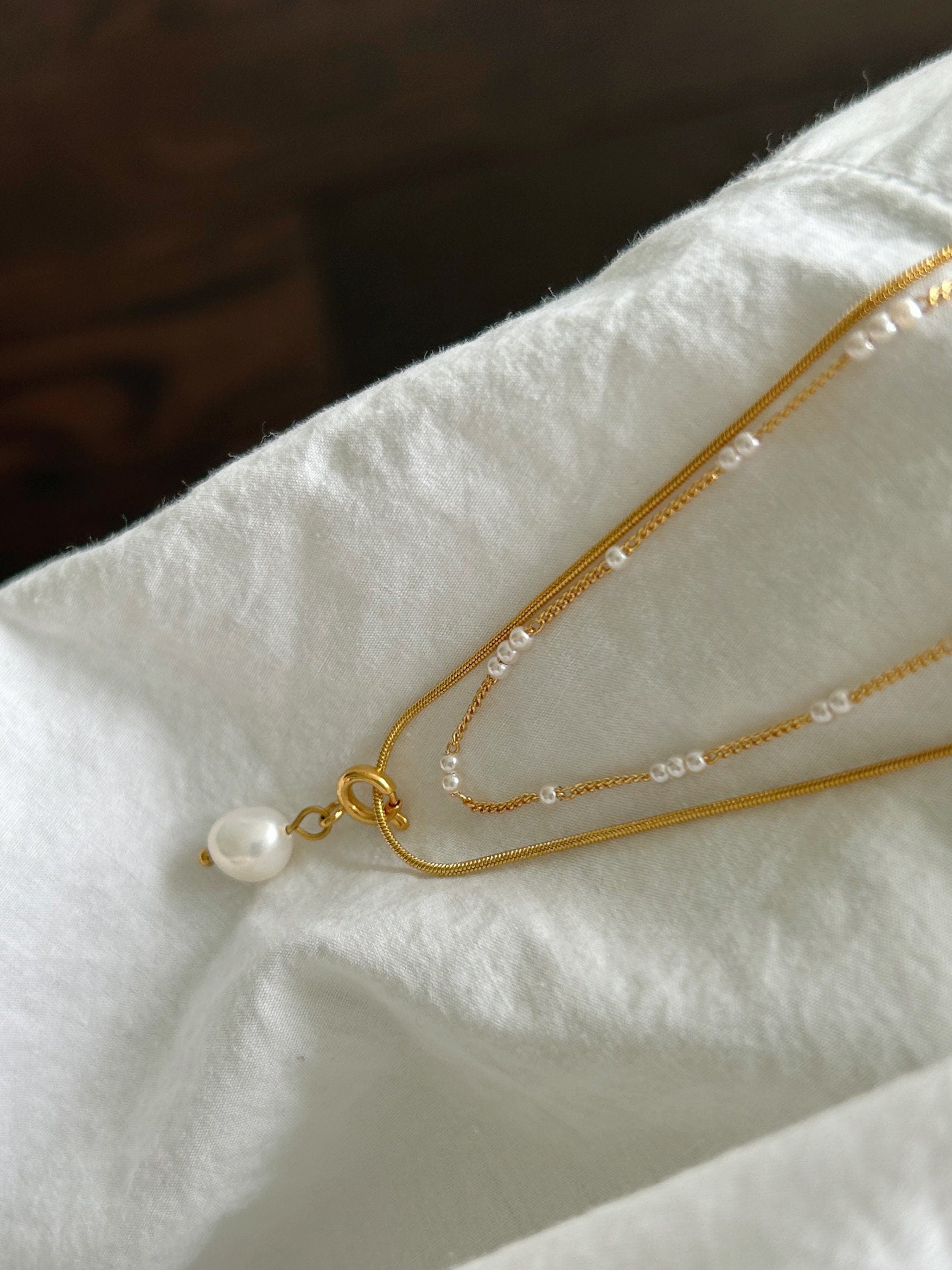 Gold Layered Pearl Necklace, Snake Chain Double Layer Necklace, Dainty Freshwater Pearl Necklace, Multiple Pearl Necklace, Gi