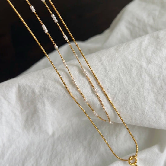 Gold Layered Pearl Necklace, Snake Chain Double Layer Necklace, Dainty Freshwater Pearl Necklace, Multiple Pearl Necklace, Gi