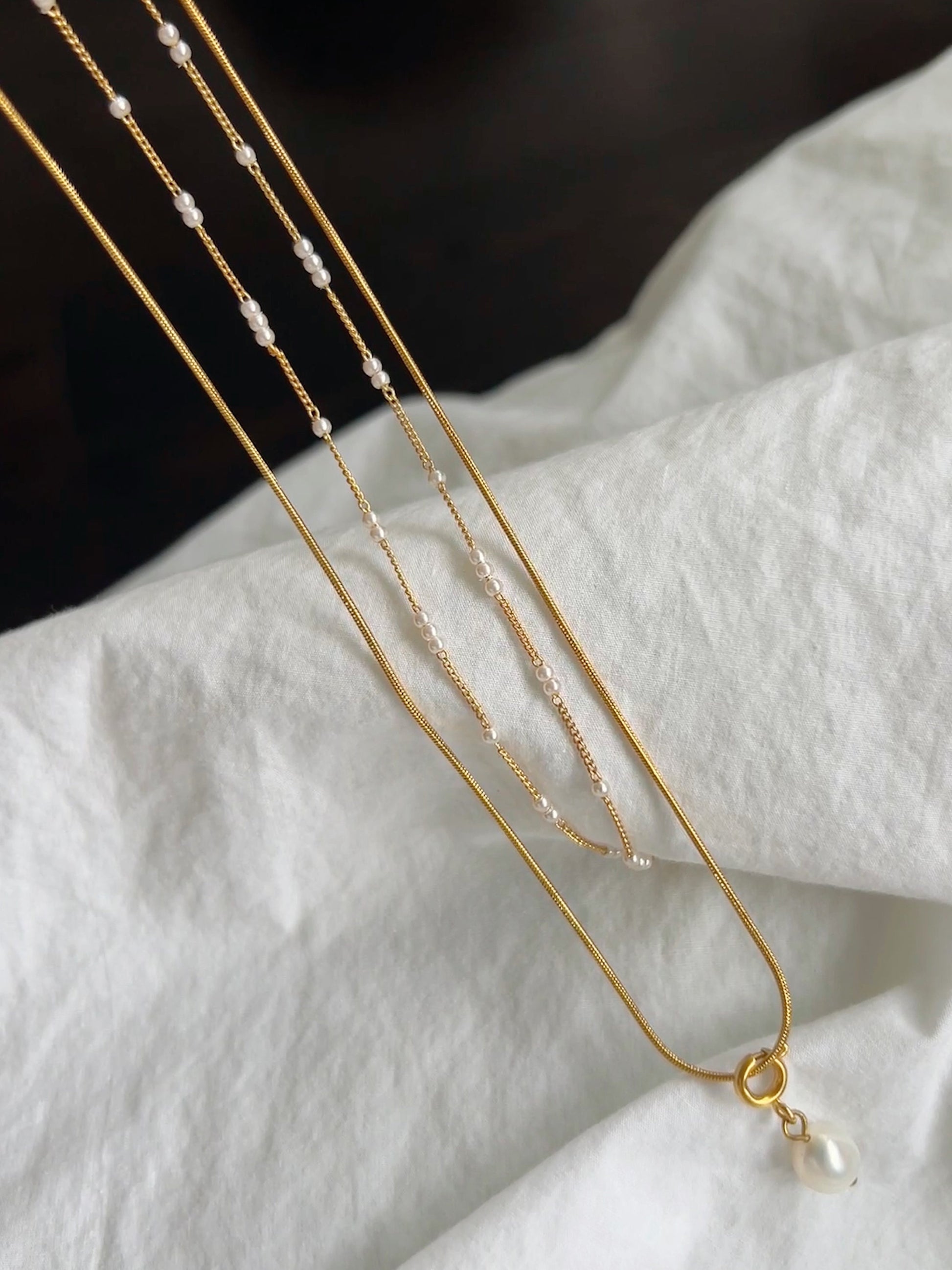 Gold Layered Pearl Necklace, Snake Chain Double Layer Necklace, Dainty Freshwater Pearl Necklace, Multiple Pearl Necklace, Gi