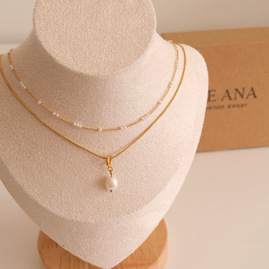 Gold Layered Pearl Necklace, Snake Chain Double Layer Necklace, Dainty Freshwater Pearl Necklace, Multiple Pearl Necklace, Gi