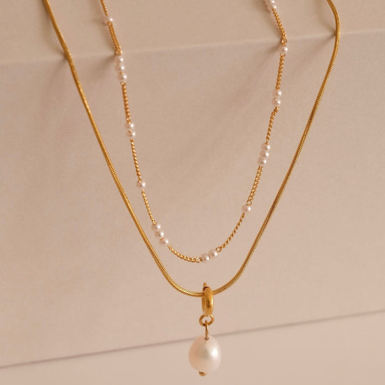 Gold Layered Pearl Necklace, Snake Chain Double Layer Necklace, Dainty Freshwater Pearl Necklace, Multiple Pearl Necklace, Gi