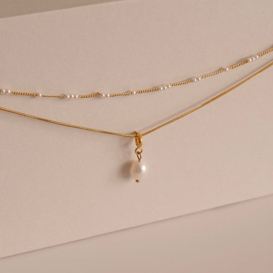 Gold Layered Pearl Necklace, Snake Chain Double Layer Necklace, Dainty Freshwater Pearl Necklace, Multiple Pearl Necklace, Gi