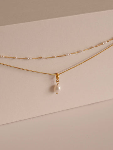 Gold Layered Pearl Necklace, Snake Chain Double Layer Necklace, Dainty Freshwater Pearl Necklace, Multiple Pearl Necklace, Gi