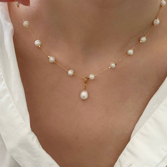 Gold Real Pearl Beaded Necklace, 6A Freshwater Pearl Minimal Necklace, Handmade Jewelry for Women, 18K Gold Pearl Beads Neckl