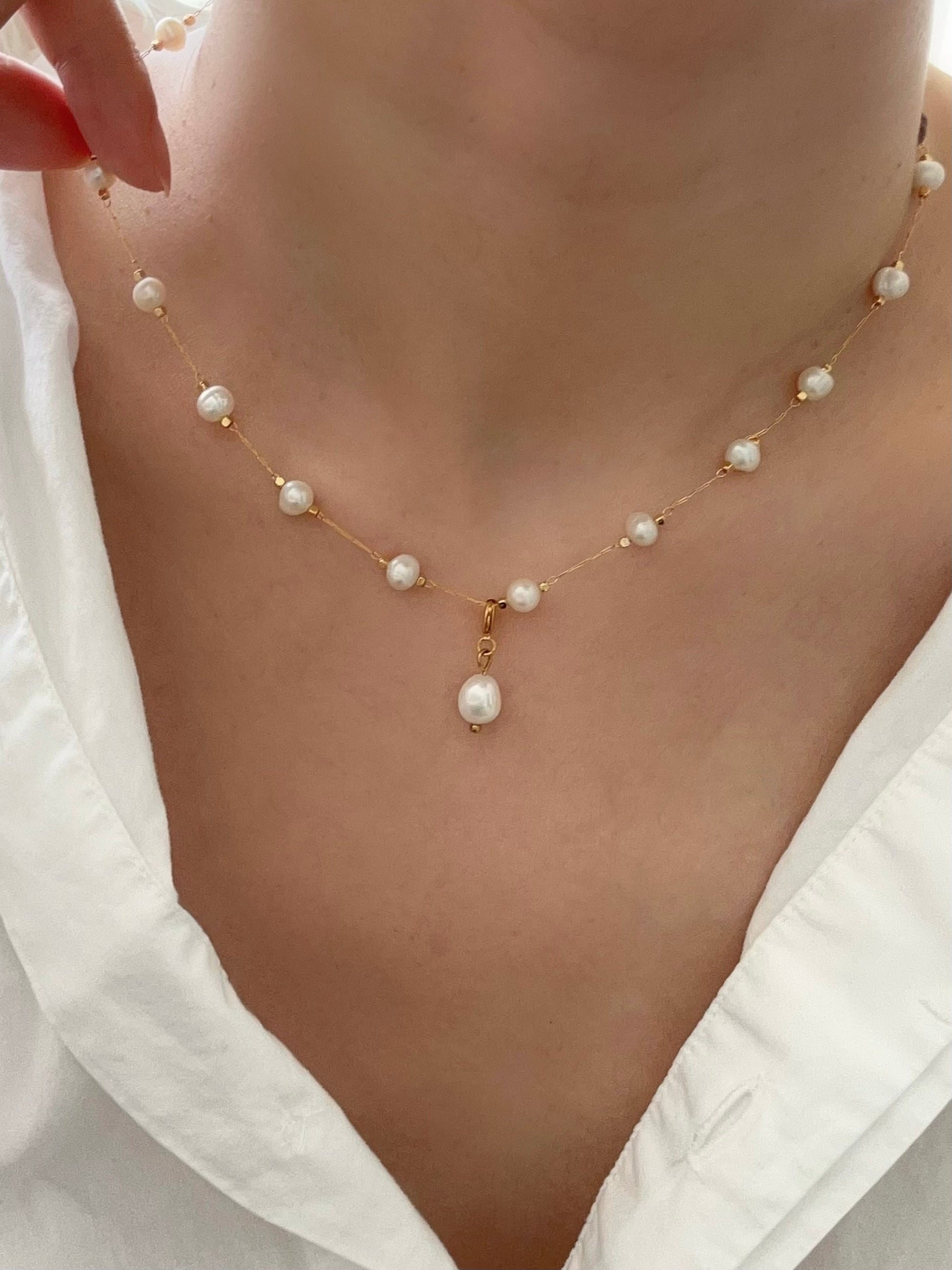 Gold Real Pearl Beaded Necklace, 6A Freshwater Pearl Minimal Necklace, Handmade Jewelry for Women, 18K Gold Pearl Beads Neckl