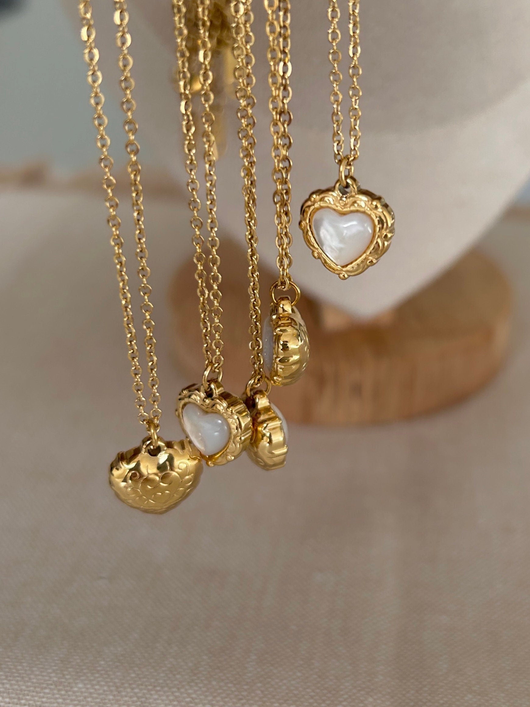 Gold Heart Necklace, Waterproof tarnish Resistant necklace, Mother of Pearl Necklace, Love Necklace, 18k Gold Pendant Necklac