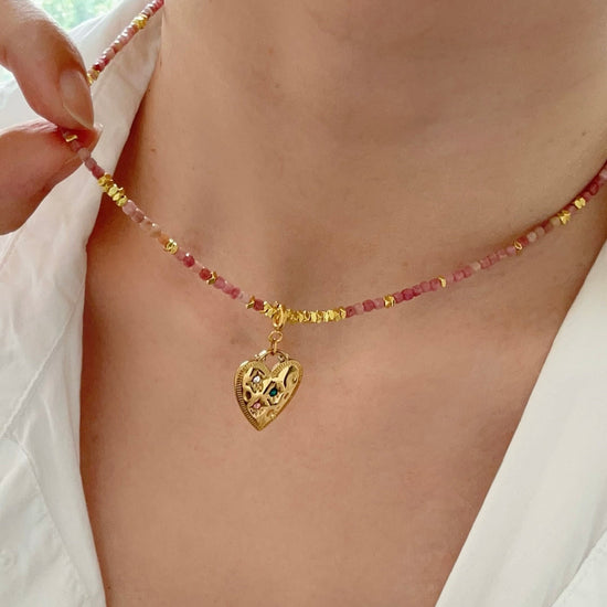 Gold heart detachable pendant necklace, Genuine gemstone beaded necklace, Cube beads choker, 18k gold beaded necklace, Crysta