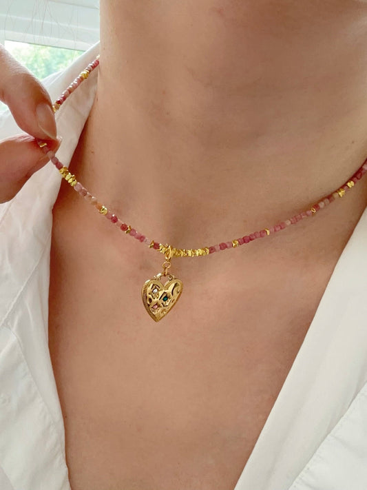Gold heart detachable pendant necklace, Genuine gemstone beaded necklace, Cube beads choker, 18k gold beaded necklace, Crysta