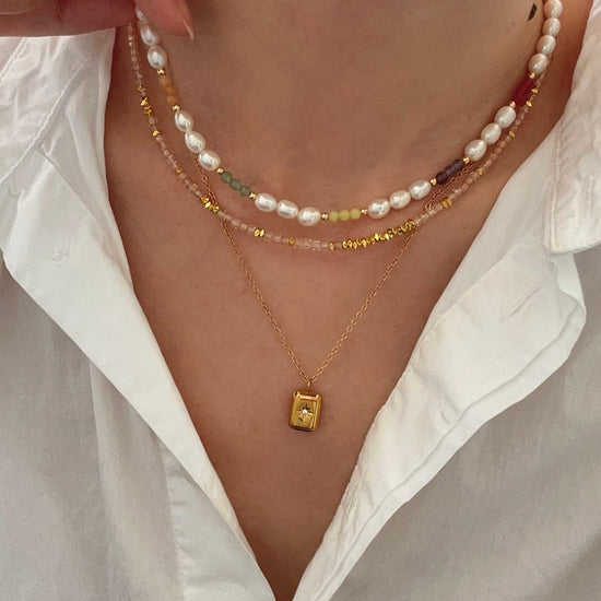 Freshwater Pearl Necklace, Genuine Pearl Necklace, Handmade Beaded Necklace, Rainbow Beads Pearl Necklace, Natural Stone Pear