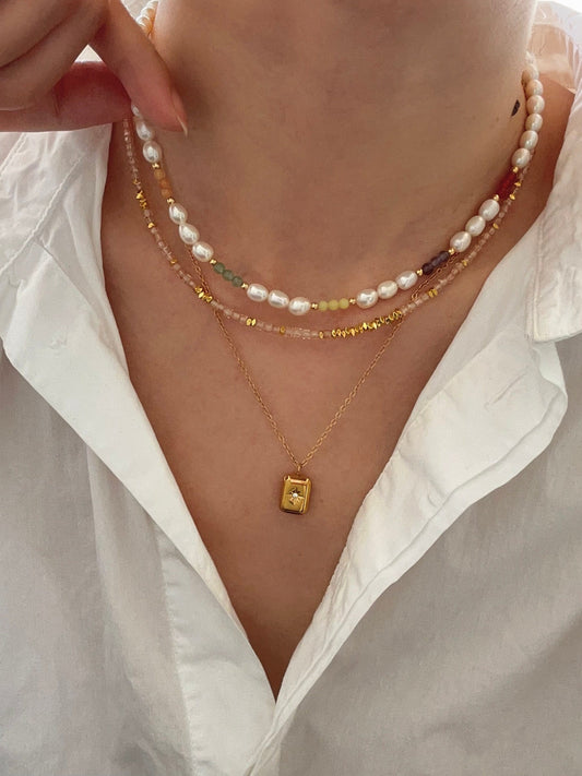 Freshwater Pearl Necklace, Genuine Pearl Necklace, Handmade Beaded Necklace, Rainbow Beads Pearl Necklace, Natural Stone Pear