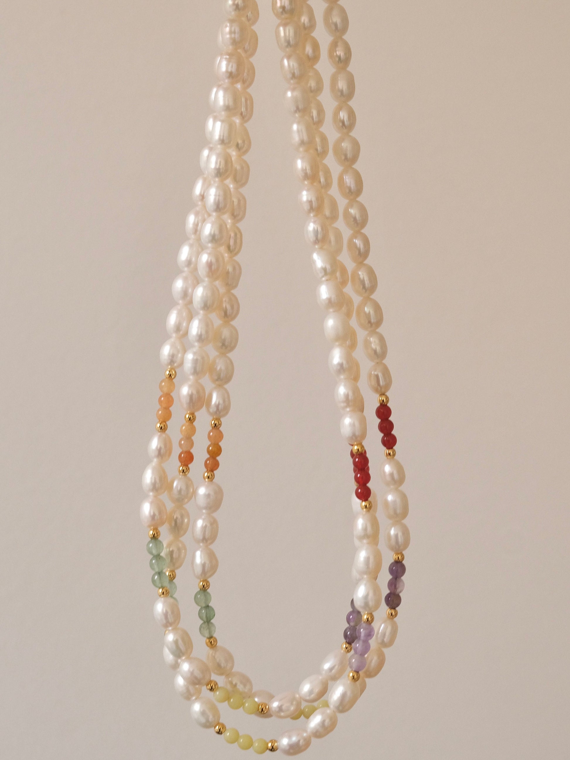 Freshwater Pearl Necklace, Genuine Pearl Necklace, Handmade Beaded Necklace, Rainbow Beads Pearl Necklace, Natural Stone Pear