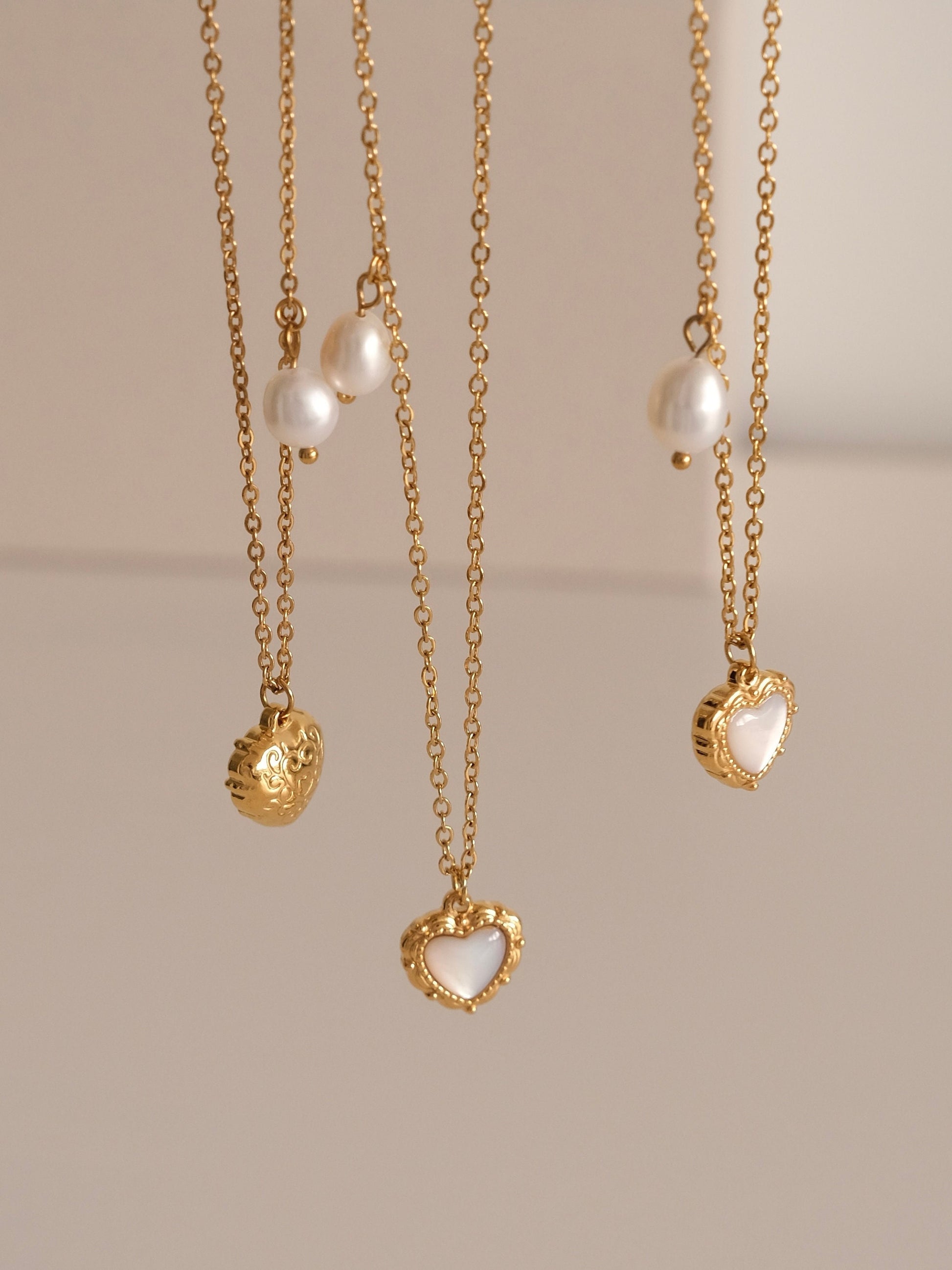 Gold Heart Necklace, Waterproof tarnish Resistant necklace, Mother of Pearl Necklace, Love Necklace, 18k Gold Pendant Necklac