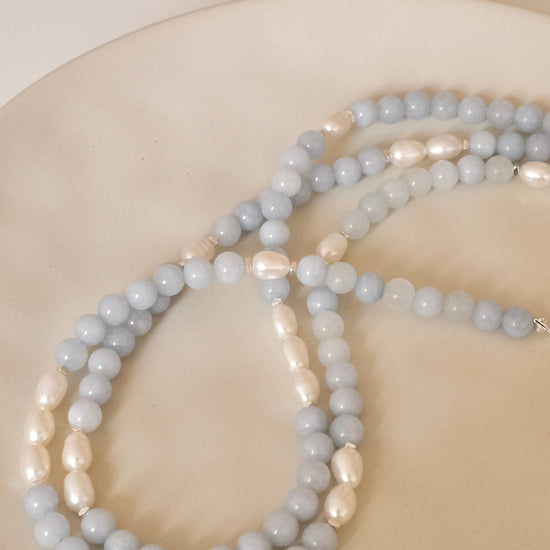 Genuine Aquamarine freshwater pearl necklace, Gemstone beaded necklace, Blue stone choker, March birthstone jewelry, gift for