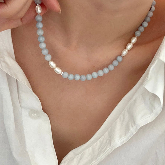Genuine Aquamarine freshwater pearl necklace, Gemstone beaded necklace, Blue stone choker, March birthstone jewelry, gift for