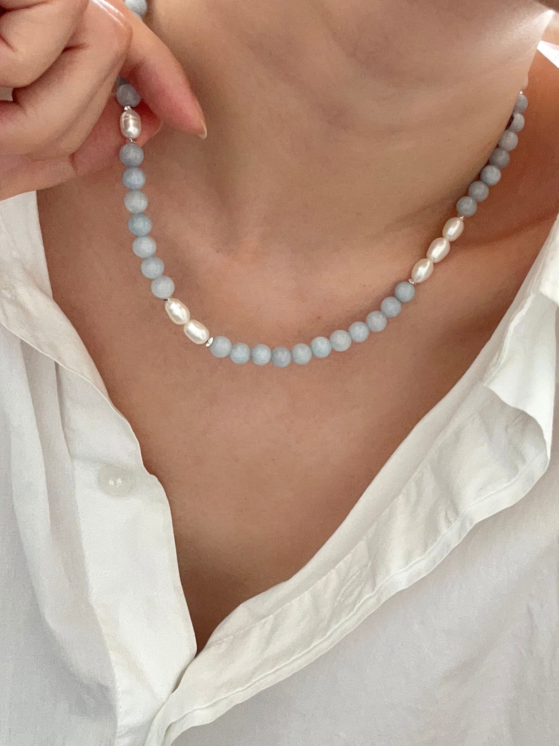 Genuine Aquamarine freshwater pearl necklace, Gemstone beaded necklace, Blue stone choker, March birthstone jewelry, gift for
