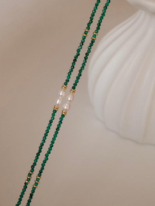 Genuine Malachite Necklace, Greenstone beaded necklace, Minimalist beaded necklace with real pearl, Green choker malachite st