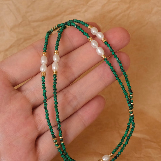 Genuine Malachite Necklace, Greenstone beaded necklace, Minimalist beaded necklace with real pearl, Green choker malachite st