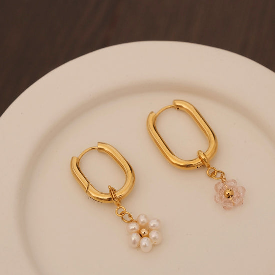 Beaded Flower Detachable Pendants, 18K Gold Filled Hoop Earrings, Waterproof Huggie Hoops, Custom Pearl Beaded Flower Charms 
