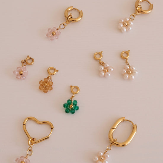 Beaded Flower Detachable Pendants, 18K Gold Filled Hoop Earrings, Waterproof Huggie Hoops, Custom Pearl Beaded Flower Charms 