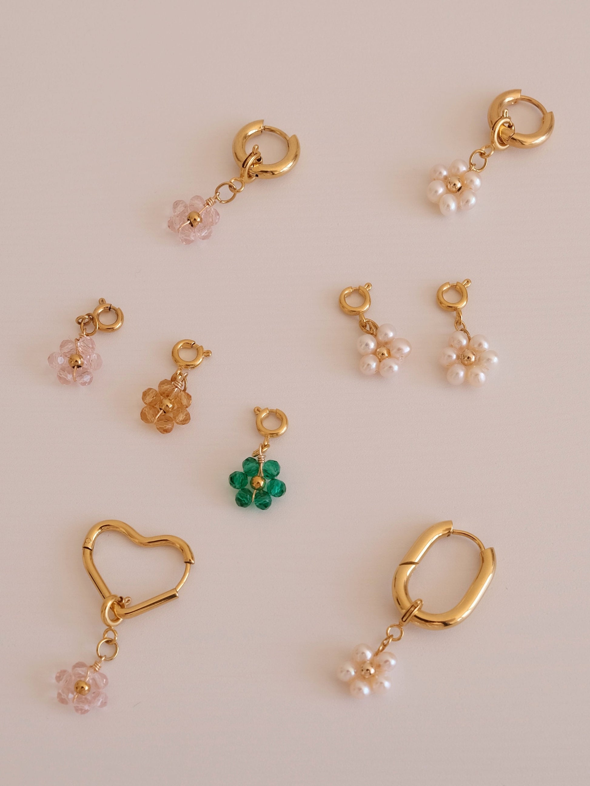 Beaded Flower Detachable Pendants, 18K Gold Filled Hoop Earrings, Waterproof Huggie Hoops, Custom Pearl Beaded Flower Charms 