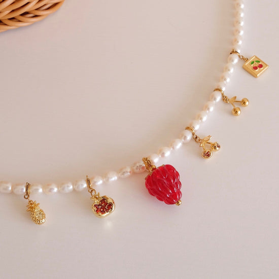 FRUIT COLLECTION detachable charm, raspberry bok choy cherry handmade lampwork beads necklace, Gold cherry necklace,Bracelet 