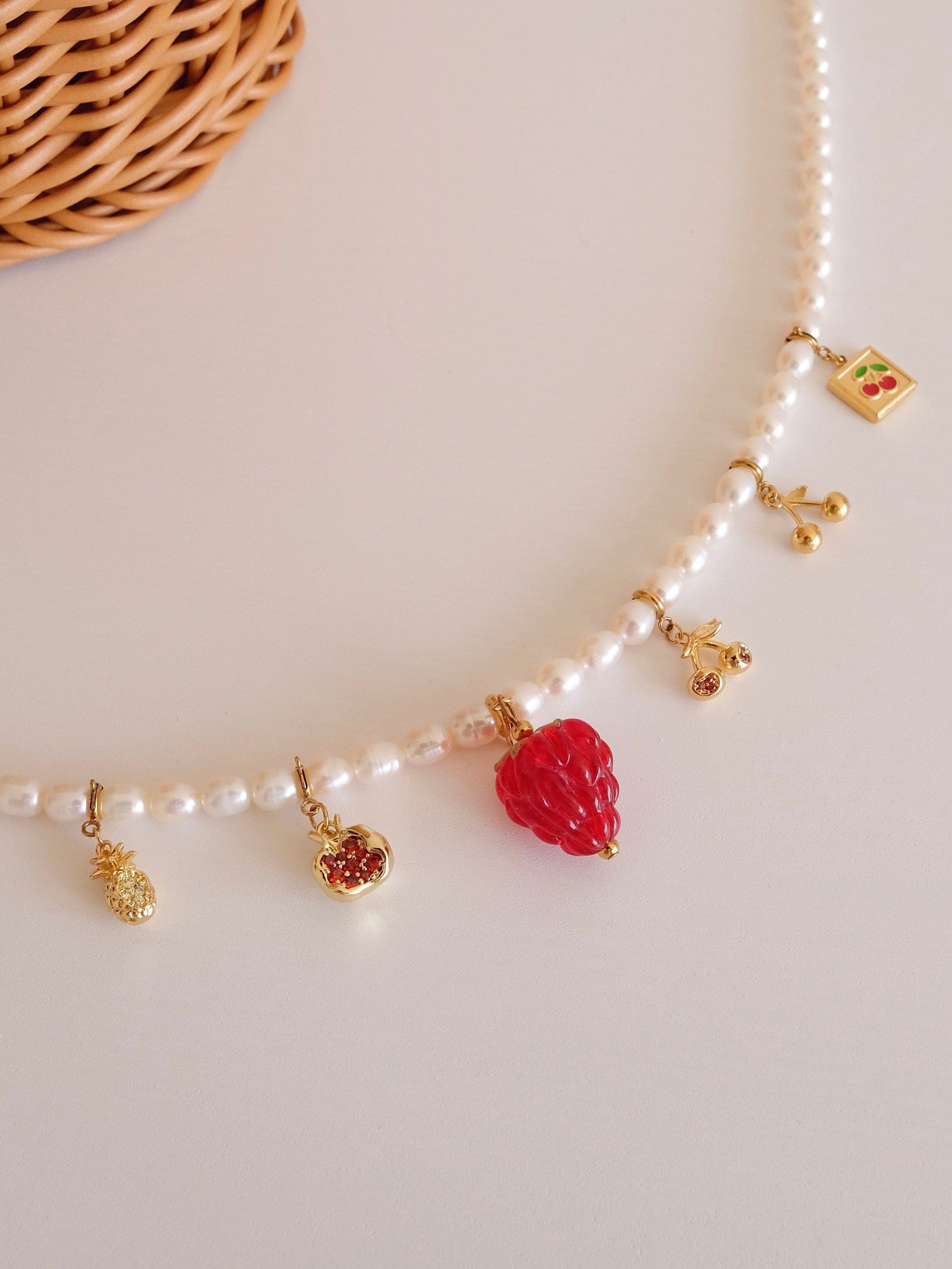 FRUIT COLLECTION detachable charm, raspberry bok choy cherry handmade lampwork beads necklace, Gold cherry necklace,Bracelet 