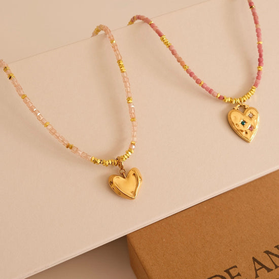 Gold heart detachable pendant necklace, Genuine gemstone beaded necklace, Cube beads choker, 18k gold beaded necklace, Crysta