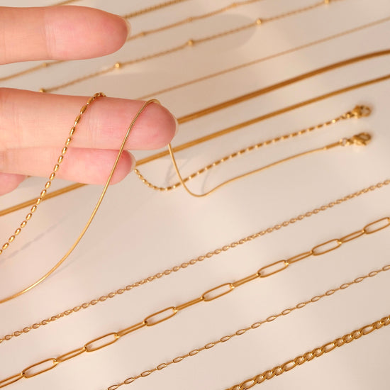 18K Gold Chain Necklace, Waterproof Cable Chain, Paperclip Chain, Herringbone Chain, Snake Chain, Figaro, Curb Chain, Rice Be