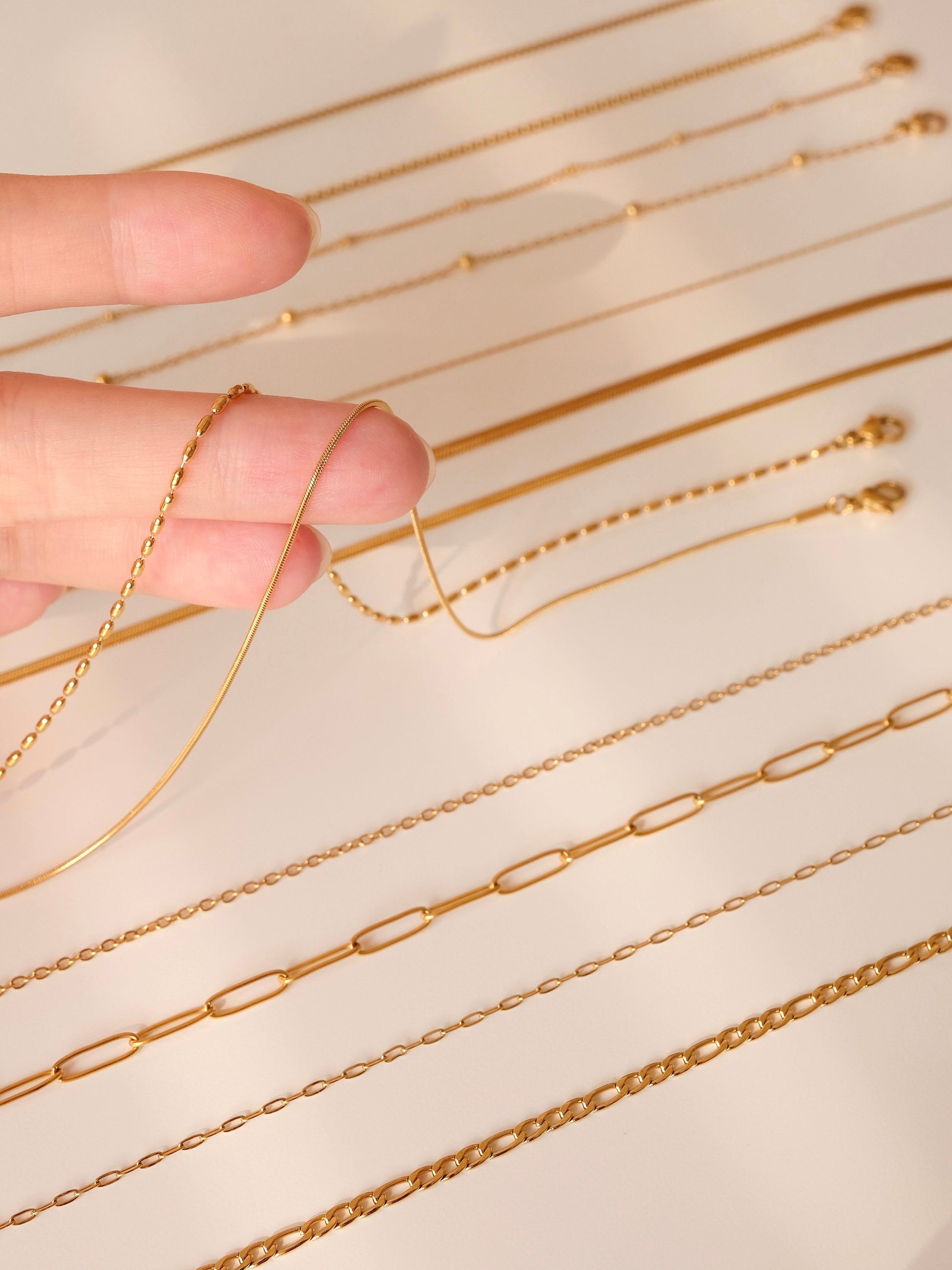 18K Gold Chain Necklace, Waterproof Cable Chain, Paperclip Chain, Herringbone Chain, Snake Chain, Figaro, Curb Chain, Rice Be