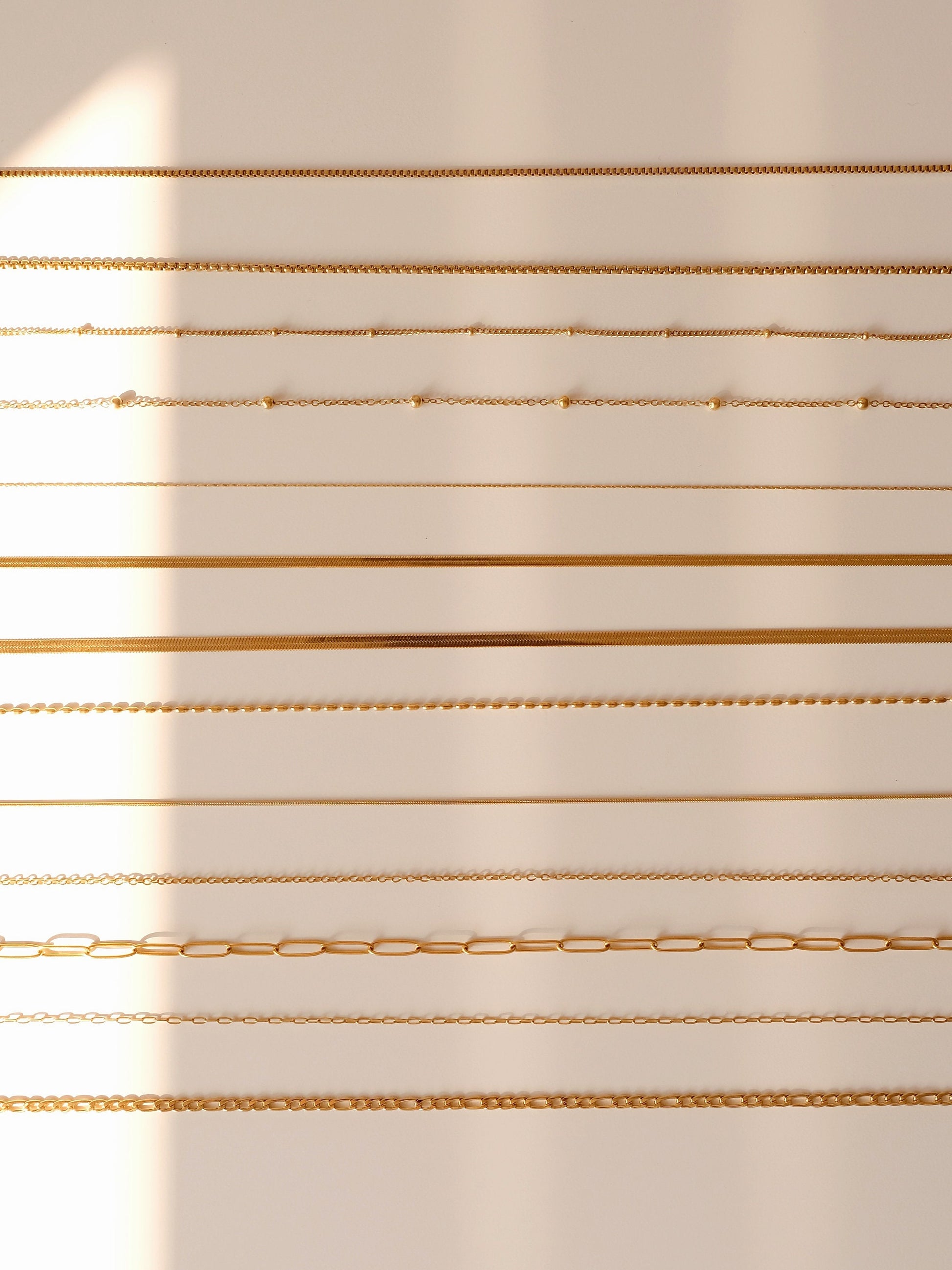 18K Gold Chain Necklace, Waterproof Cable Chain, Paperclip Chain, Herringbone Chain, Snake Chain, Figaro, Curb Chain, Rice Be