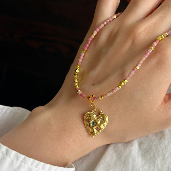 Gold heart detachable pendant necklace, Genuine gemstone beaded necklace, Cube beads choker, 18k gold beaded necklace, Crysta