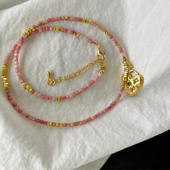 Gold heart detachable pendant necklace, Genuine gemstone beaded necklace, Cube beads choker, 18k gold beaded necklace, Crysta