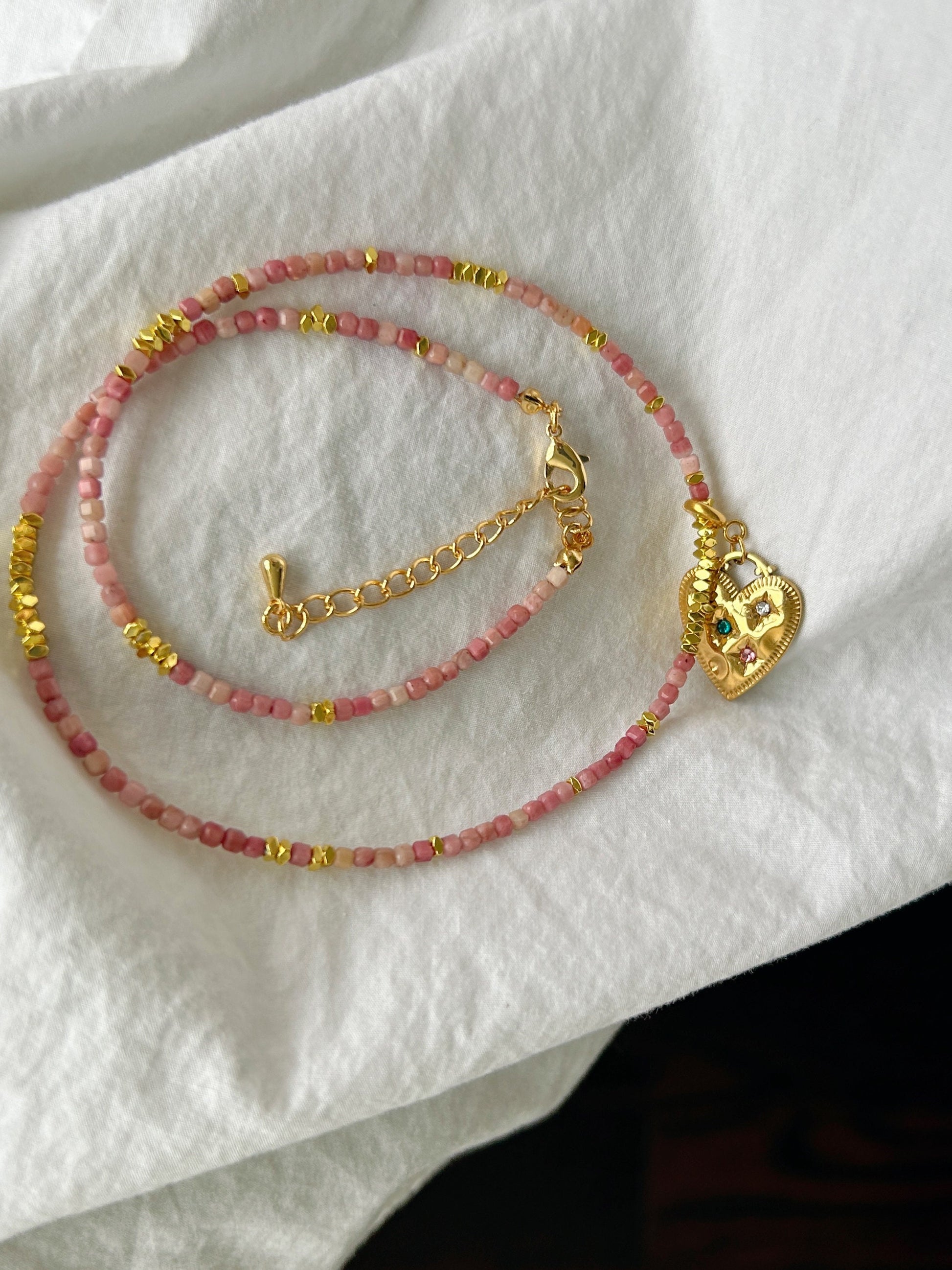 Gold heart detachable pendant necklace, Genuine gemstone beaded necklace, Cube beads choker, 18k gold beaded necklace, Crysta