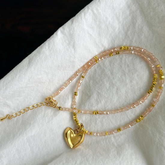 Gold heart detachable pendant necklace, Genuine gemstone beaded necklace, Cube beads choker, 18k gold beaded necklace, Crysta