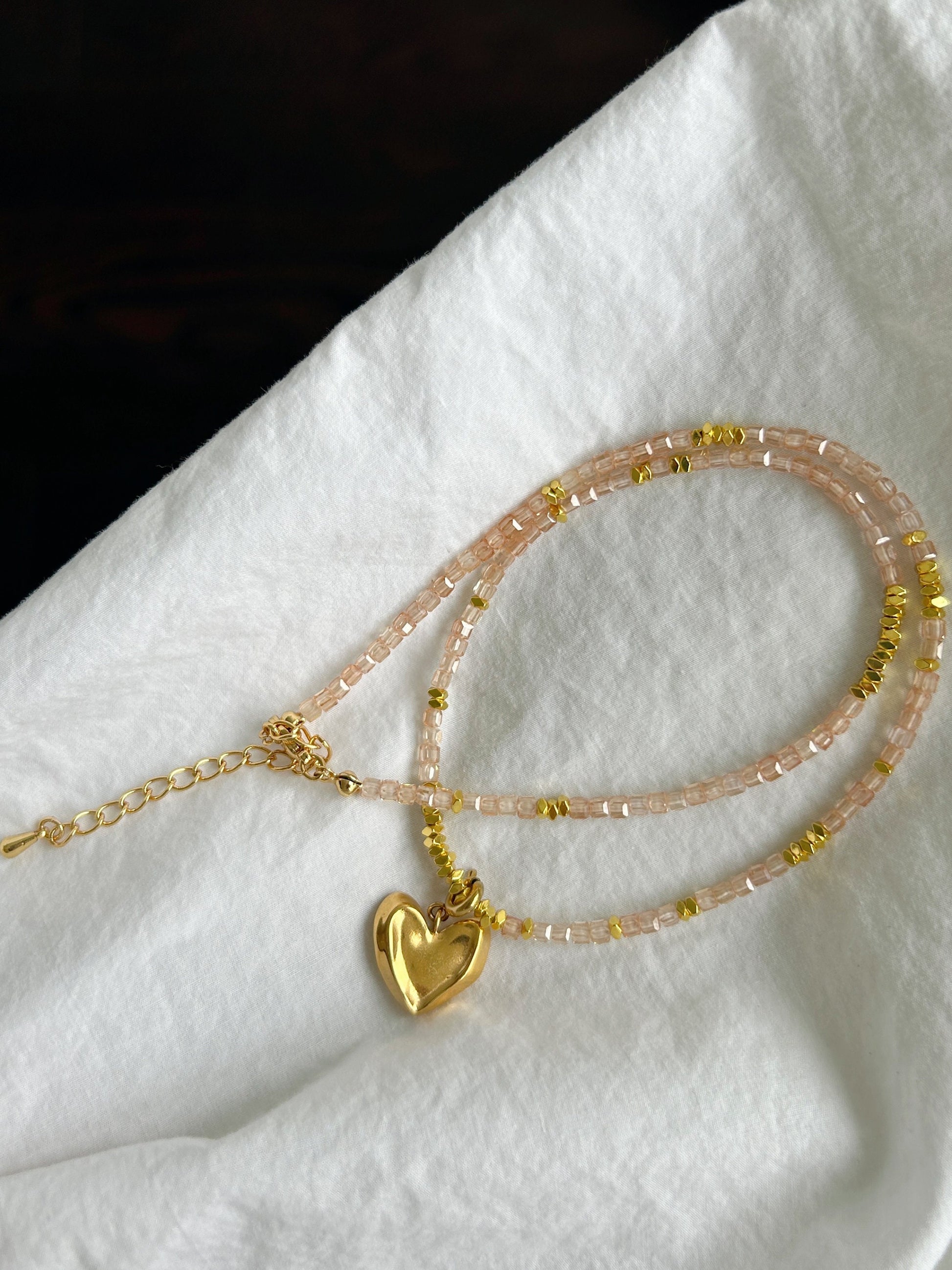 Gold heart detachable pendant necklace, Genuine gemstone beaded necklace, Cube beads choker, 18k gold beaded necklace, Crysta