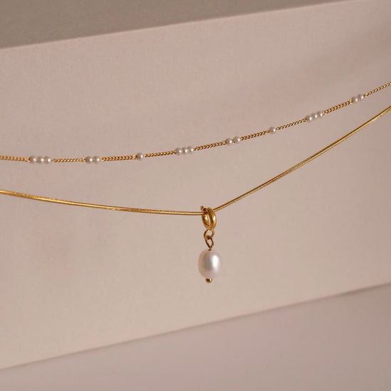 Gold Layered Pearl Necklace, Snake Chain Double Layer Necklace, Dainty Freshwater Pearl Necklace, Multiple Pearl Necklace, Gi