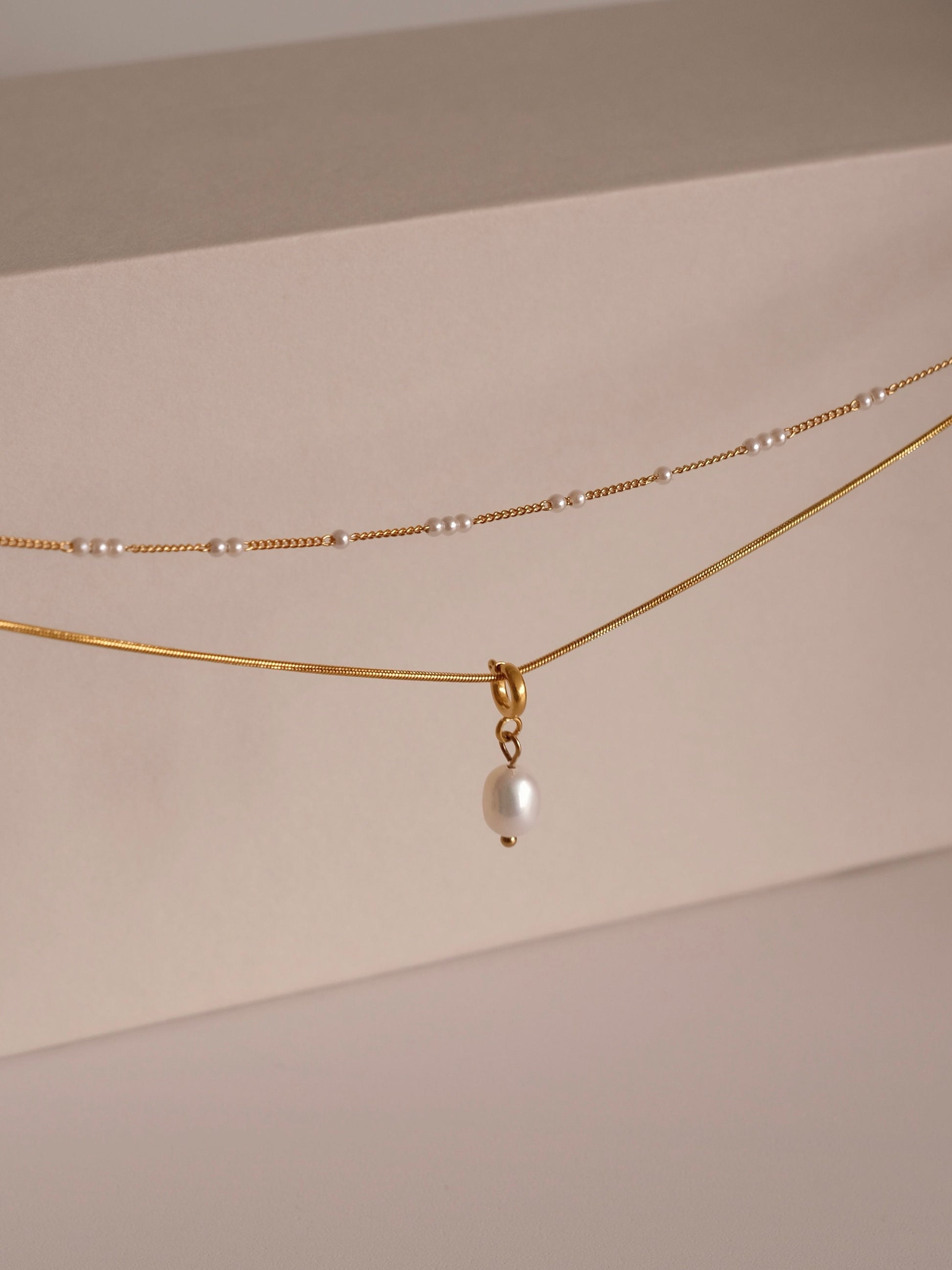 Gold Layered Pearl Necklace, Snake Chain Double Layer Necklace, Dainty Freshwater Pearl Necklace, Multiple Pearl Necklace, Gi